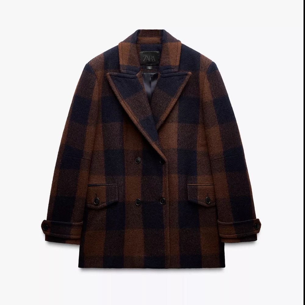 NWT Zara Manteca Wool Jacket Coat Size Large Brown Blue 2168/708 fall collection - Picture 8 of 11